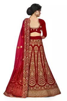Red embroidered velvet semi stitched lehenga