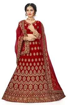 Red embroidered velvet semi stitched lehenga