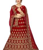 Red embroidered velvet semi stitched lehenga