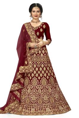 Maroon embroidered velvet semi stitched lehenga 1