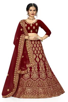 Maroon embroidered velvet semi stitched lehenga 1