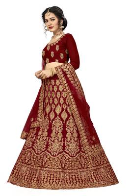 Maroon embroidered velvet semi stitched lehenga 2
