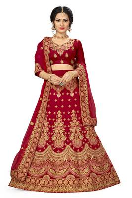 Red embroidered velvet semi stitched lehenga 1