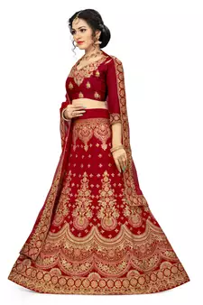 Red embroidered velvet semi stitched lehenga