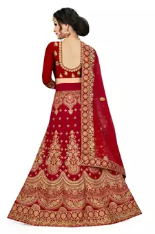 Red embroidered velvet semi stitched lehenga