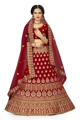 Red embroidered velvet semi stitched lehenga 1