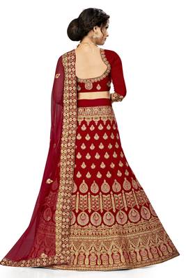 Red embroidered velvet semi stitched lehenga 3