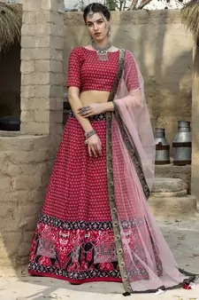 Red printed art silk semi stitched Bandhani type lehenga