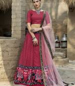 Red printed art silk semi stitched Bandhani type lehenga