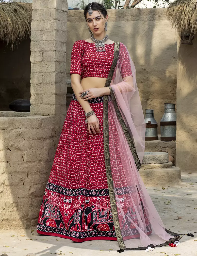 Red printed art silk semi stitched Bandhani type lehenga
