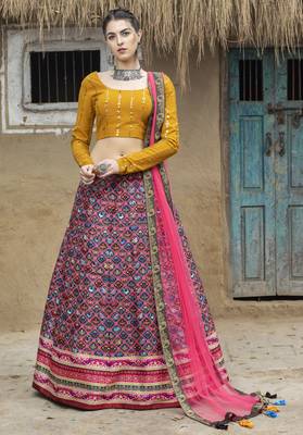 Black printed art silk semi stitched Bandhani type lehenga 1