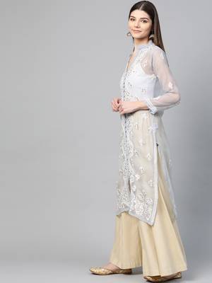 Grey hand woven georgette chikankari-kurtis 3