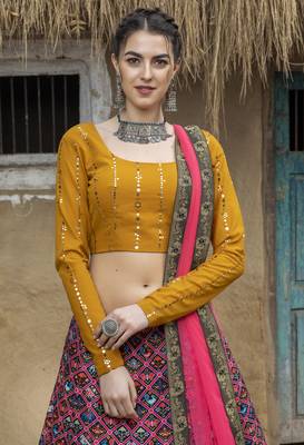 Black printed art silk semi stitched Bandhani type lehenga 2