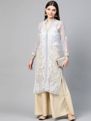 Grey hand woven georgette chikankari-kurtis 5