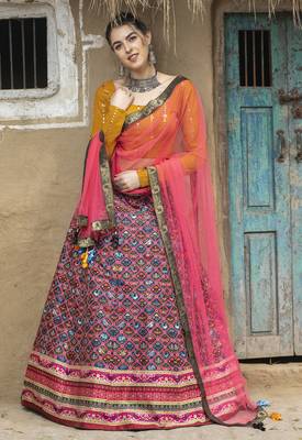 Black printed art silk semi stitched Bandhani type lehenga 3