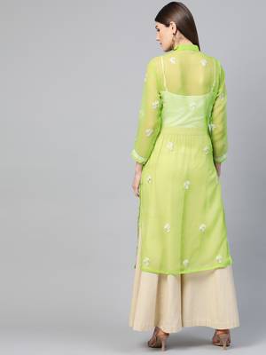 Green hand woven georgette chikankari-kurtis 2