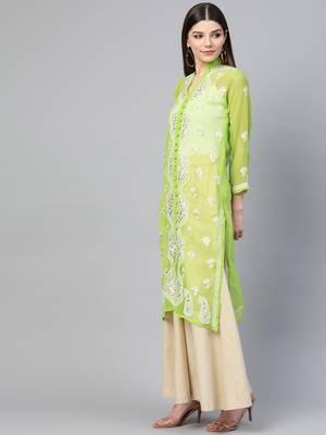 Green hand woven georgette chikankari-kurtis 3