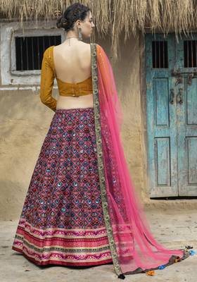 Black printed art silk semi stitched Bandhani type lehenga 4