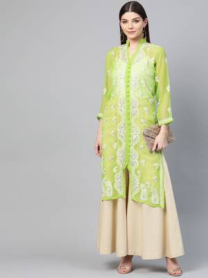 Green hand woven georgette chikankari-kurtis 5