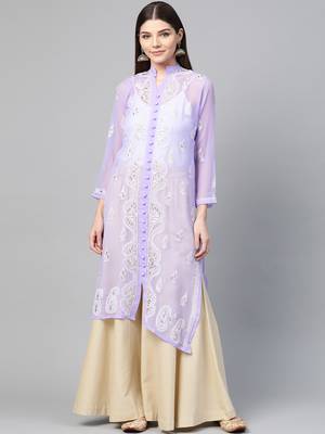Purple hand woven georgette chikankari-kurtis 1