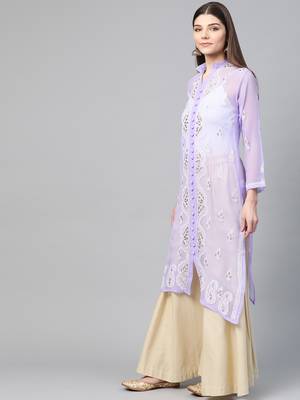 Purple hand woven georgette chikankari-kurtis 3