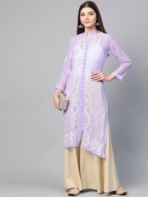 Purple hand woven georgette chikankari-kurtis 5