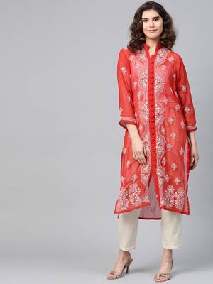 Red hand woven georgette chikankari-kurtis 1