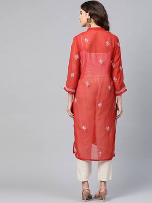 Red hand woven georgette chikankari-kurtis 2