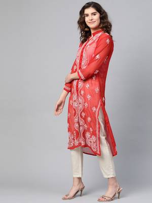 Red hand woven georgette chikankari-kurtis 3