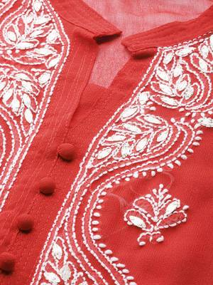 Red hand woven georgette chikankari-kurtis 4