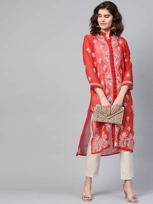Red hand woven georgette chikankari-kurtis 5