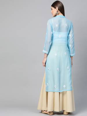 Blue hand woven georgette chikankari-kurtis 2