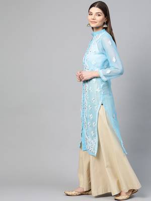 Blue hand woven georgette chikankari-kurtis 3