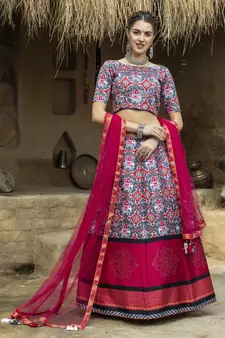 Grey printed art silk semi stitched Bandhani type lehenga