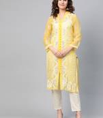 Yellow hand woven georgette chikankari-kurtis