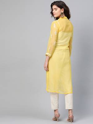Yellow hand woven georgette chikankari-kurtis 2