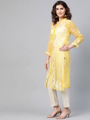 Yellow hand woven georgette chikankari-kurtis 3