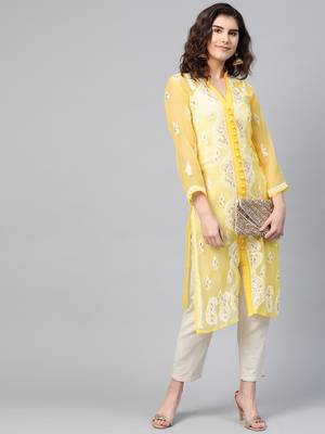 Yellow hand woven georgette chikankari-kurtis 5