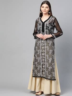 Black hand woven georgette chikankari-kurtis 1