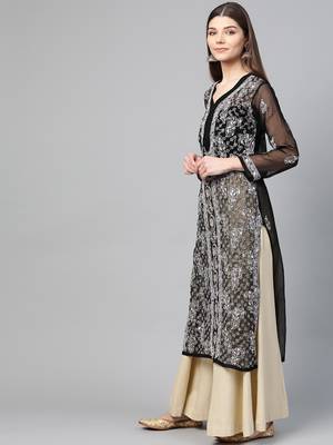 Black hand woven georgette chikankari-kurtis 3