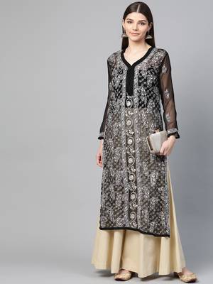 Black hand woven georgette chikankari-kurtis 5