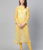 Yellow hand woven georgette chikankari-kurtis