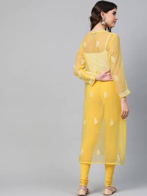 Yellow hand woven georgette chikankari-kurtis 2