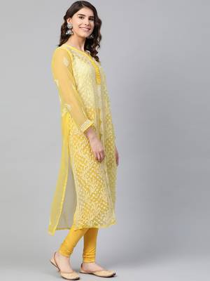 Yellow hand woven georgette chikankari-kurtis 3