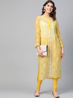 Yellow hand woven georgette chikankari-kurtis 5