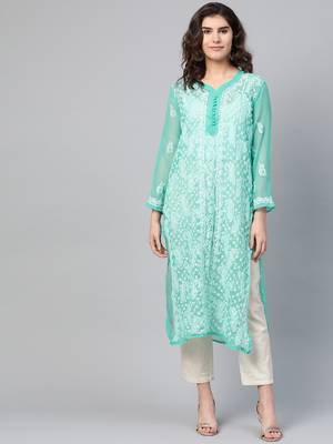 Sea-green hand woven georgette chikankari-kurtis 1