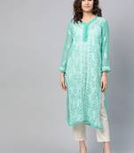 Sea-green hand woven georgette chikankari-kurtis
