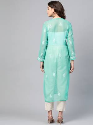 Sea-green hand woven georgette chikankari-kurtis 2