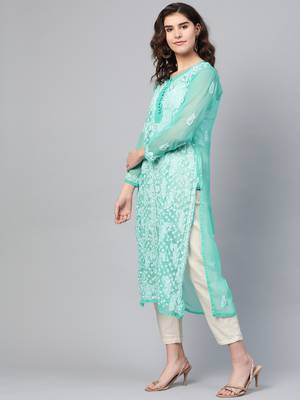 Sea-green hand woven georgette chikankari-kurtis 3