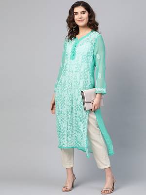 Sea-green hand woven georgette chikankari-kurtis 5